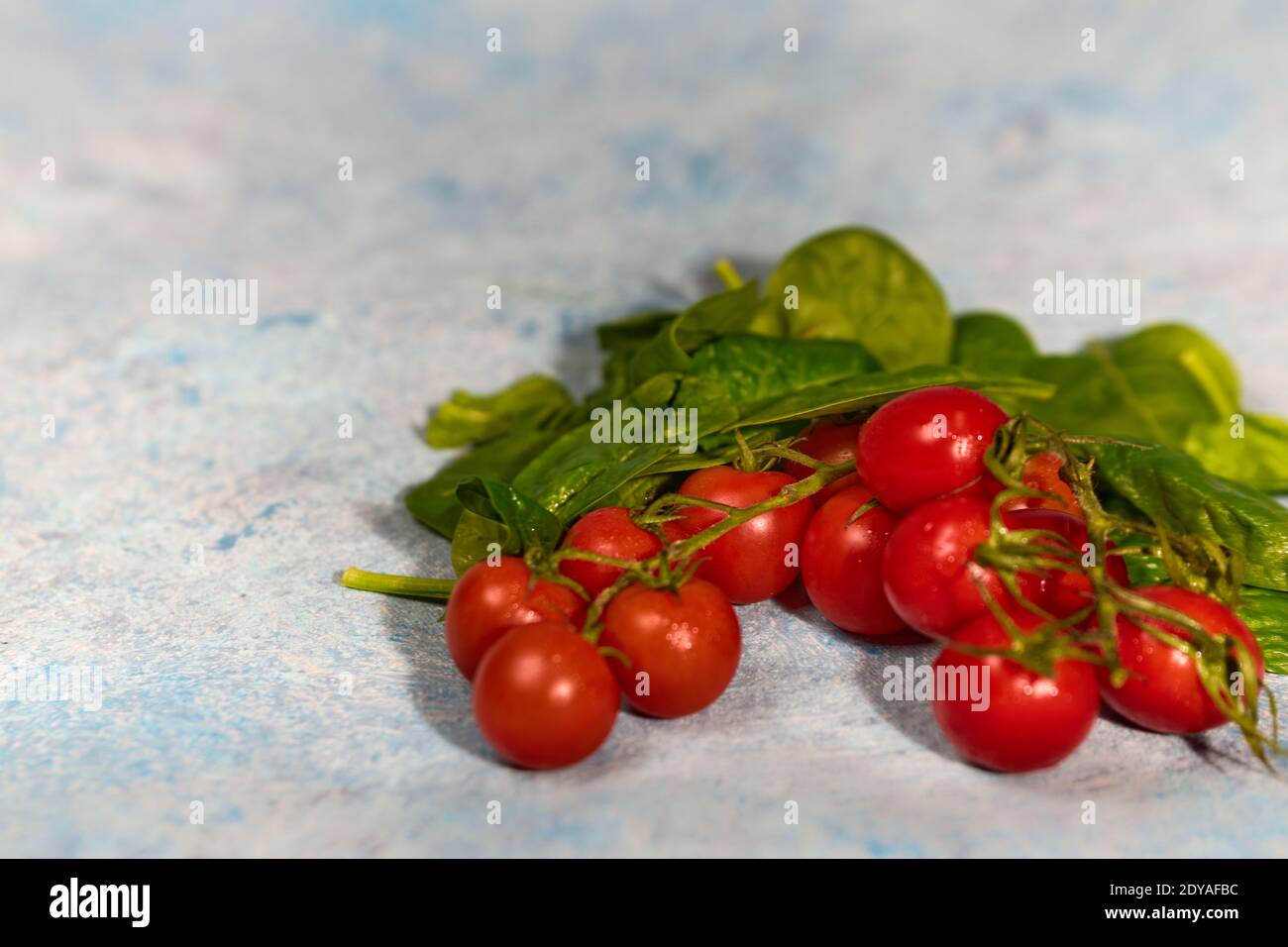 Pomodori d'uva freschi con foglie di spinaci su sfondo bianco dipinto a mano. Vegan vegies dieta alimentare. Erbe, pomodori rossi, concetto di cucina. Foto Stock