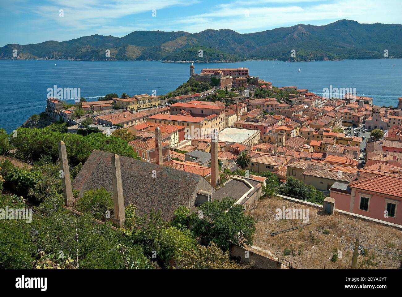 Portoferraio e Forte Stella sullo sfondo, Isola d'Elba, Toscana, Italia Foto Stock