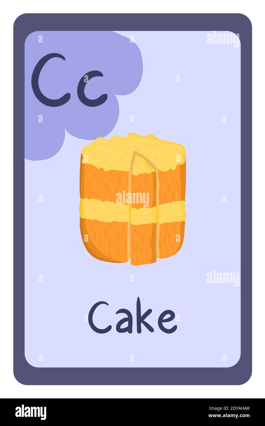Scheda flash educazione abc, lettera C - torta. Alfabeto per la progettazione di giochi. Bambini della scuola primaria. Illustrazione piatta con cibo, panetteria, frutta, verdura. Modello vettore. Illustrazione Vettoriale