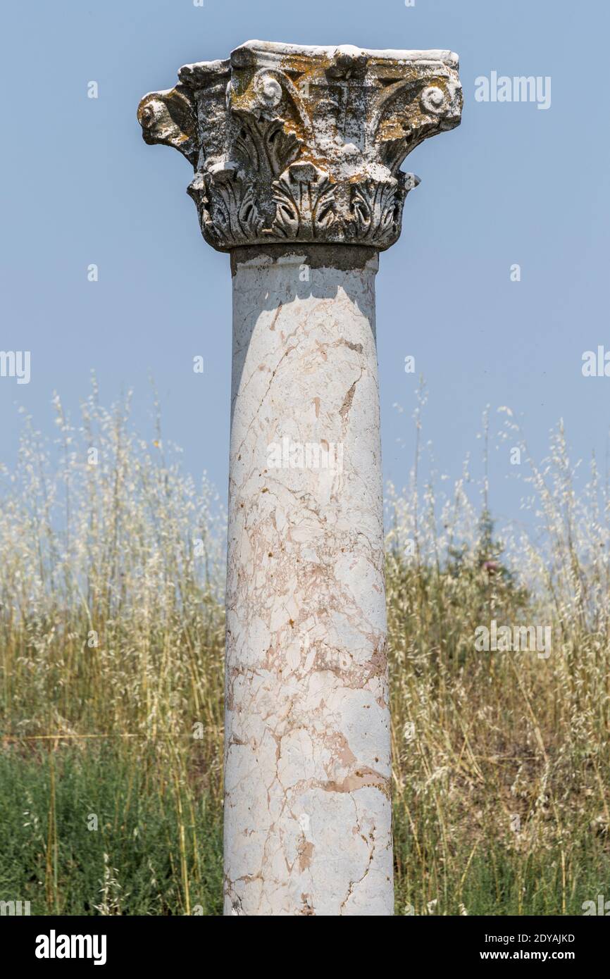 Colonna & capitale, Stobi, rovine archeologiche della città romana, Macedonia, (FYROM)), Repubblica di Macedonia del Nord Foto Stock