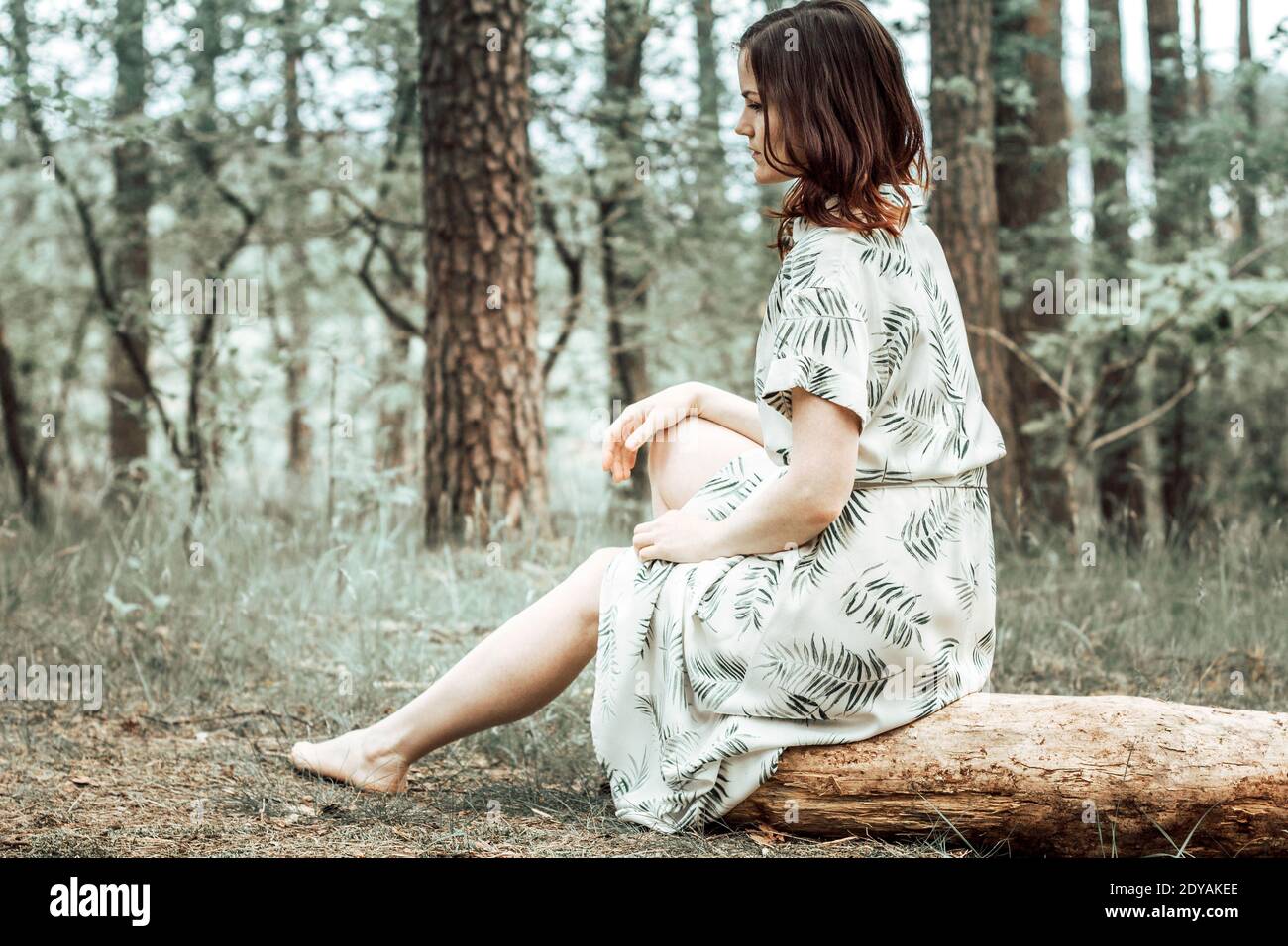 Sola ragazza seduta in foresta. Giovane donna con capelli castani in abito lungo. Foto Stock