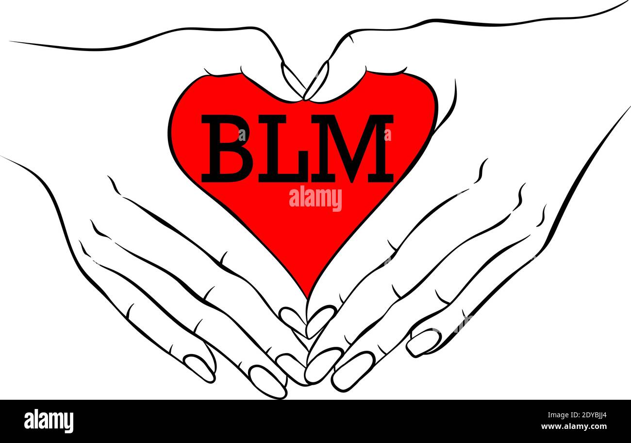 Black Lives Matter poster disegnato a mano. Campagna contro la discriminazione razziale del colore scuro della pelle. Le persone a due mani fanno segni di cuore. Illustrazione vettoriale isolata su sfondo bianco Illustrazione Vettoriale