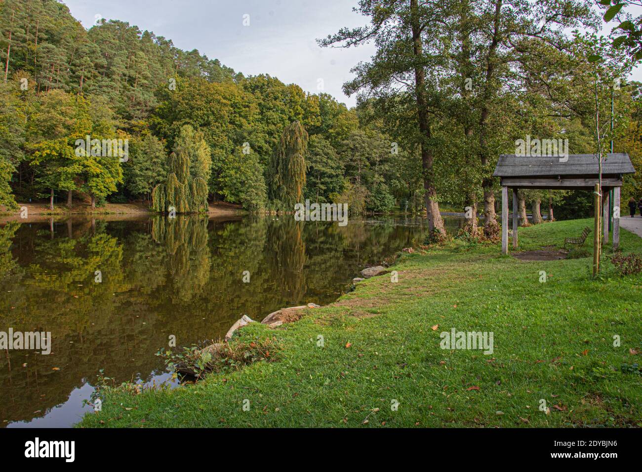 Le lac de Warfaz à Spa, Belgique. Lieu de Promenade et de jeux d'eau. Foto Stock