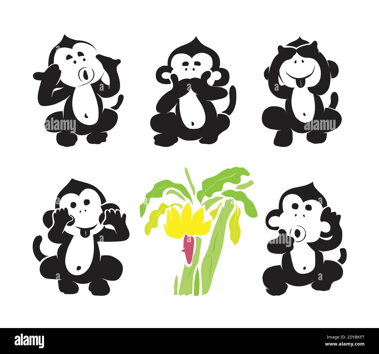 Gruppo vettoriale di scimmie e banane su sfondo bianco. Illustrazione vettoriale a livelli facilmente modificabile. Animali selvatici. Illustrazione Vettoriale