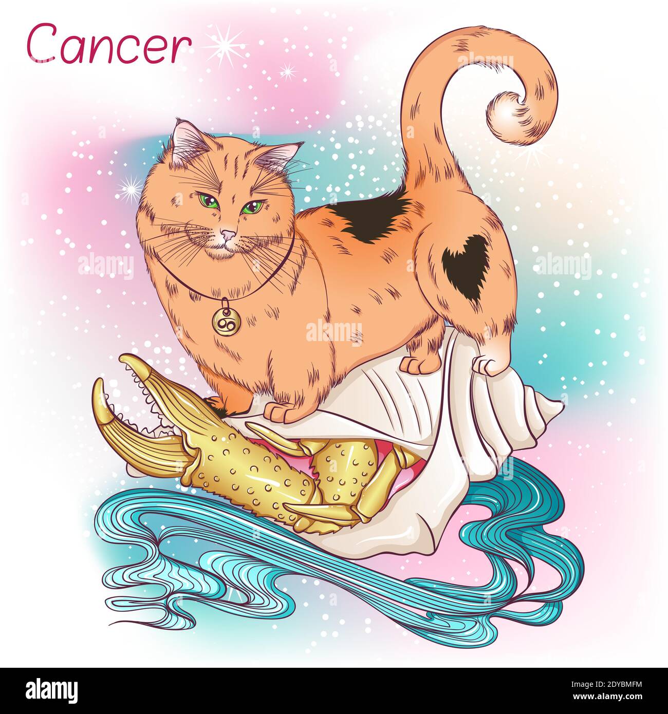 Zodiaco. Illustrazione vettoriale del segno astrologico del cancro come un gatto di razza Munchkin guardando verso il basso. Elemento astrologico dell'oroscopo. Astrologia concetto art Illustrazione Vettoriale