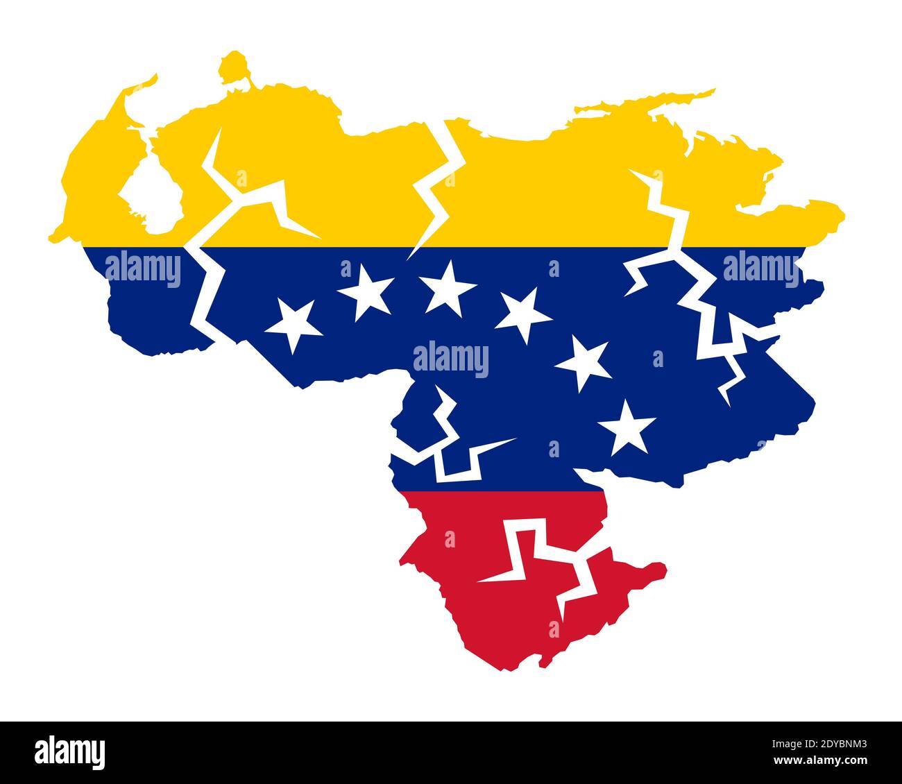 Crollo del Venezuela - mappa del paese a colori della bandiera venezuelana. Un sacco di crepe come metafora della crisi economica che porta al fallimento. Foto Stock
