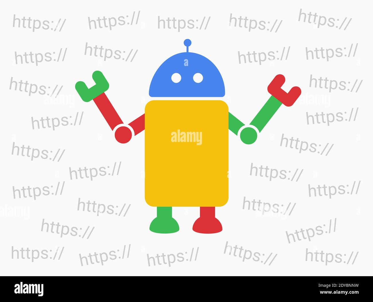 Bot e robot web sta scegliendo dominio internet - indicizzazione e ricerca di pagine e pagine web su rete online e sito www. Processo di motore di ricerca web Foto Stock