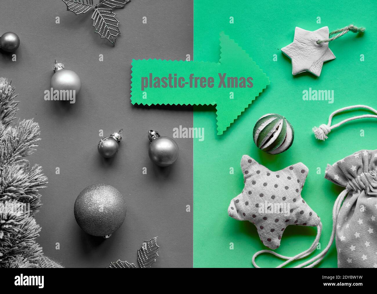 Concetto di Natale senza plastica. Passaggio da giocattoli in plastica a decorazioni natalizie sostenibili con materiali naturali. Disposizione piatta, vista dall'alto su un livello verde Foto Stock