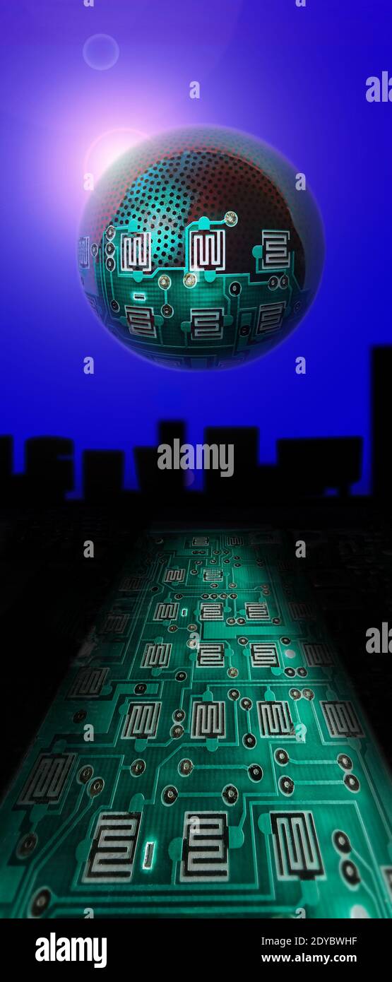 Una 'bolla elettronica' che galleggia sopra A'mondo digital'. Foto Stock