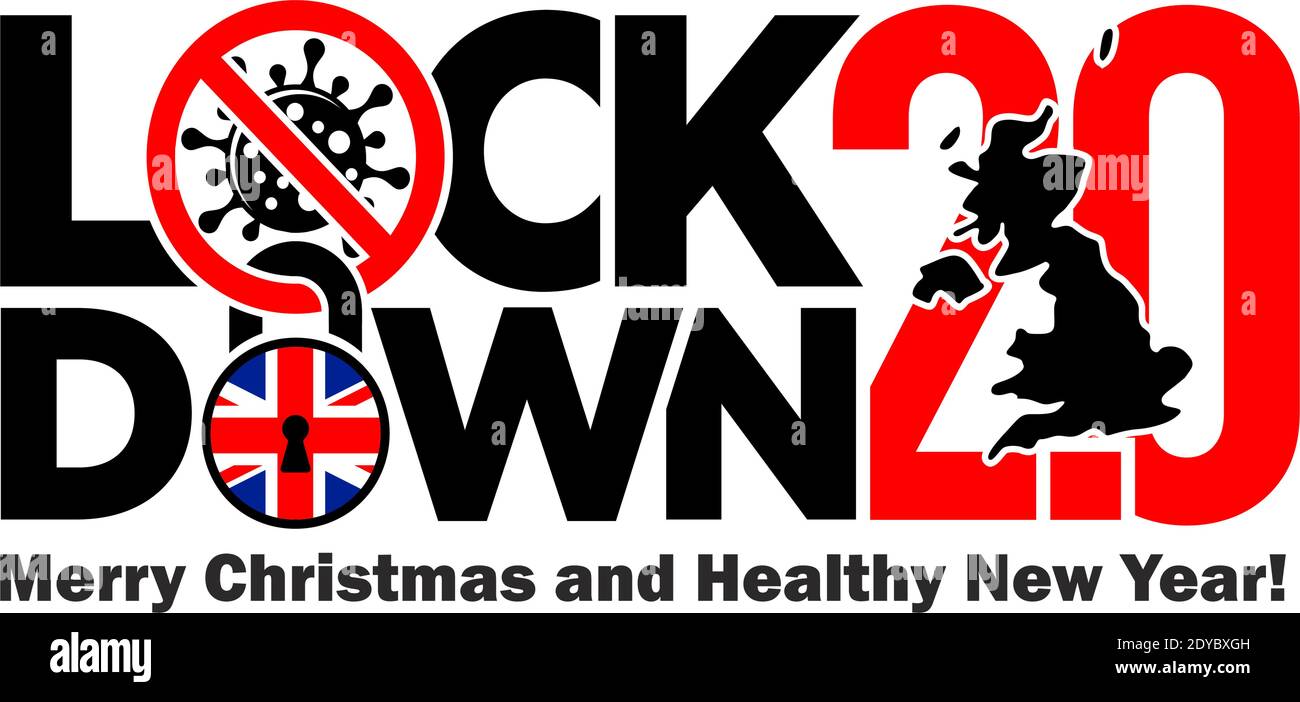 Coronavirus britannico di Lockdown 2.0. Quarantena di nuovo anno per COVID-19 Pandemic World lockdown . Vettore virus corona su sfondo trasparente Illustrazione Vettoriale