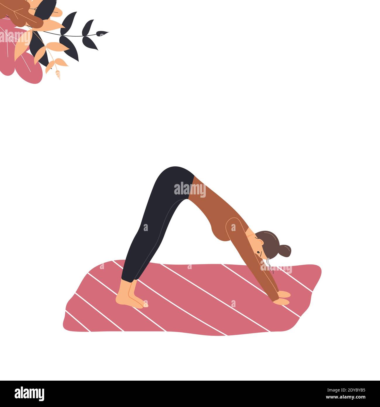 Carina donna fa yoga sul tappetino. Giovane donna in posizione yoga verso il basso di fronte al cane, pratica di consapevolezza, disciplina spirituale a casa. Stile di vita sano Illustrazione Vettoriale