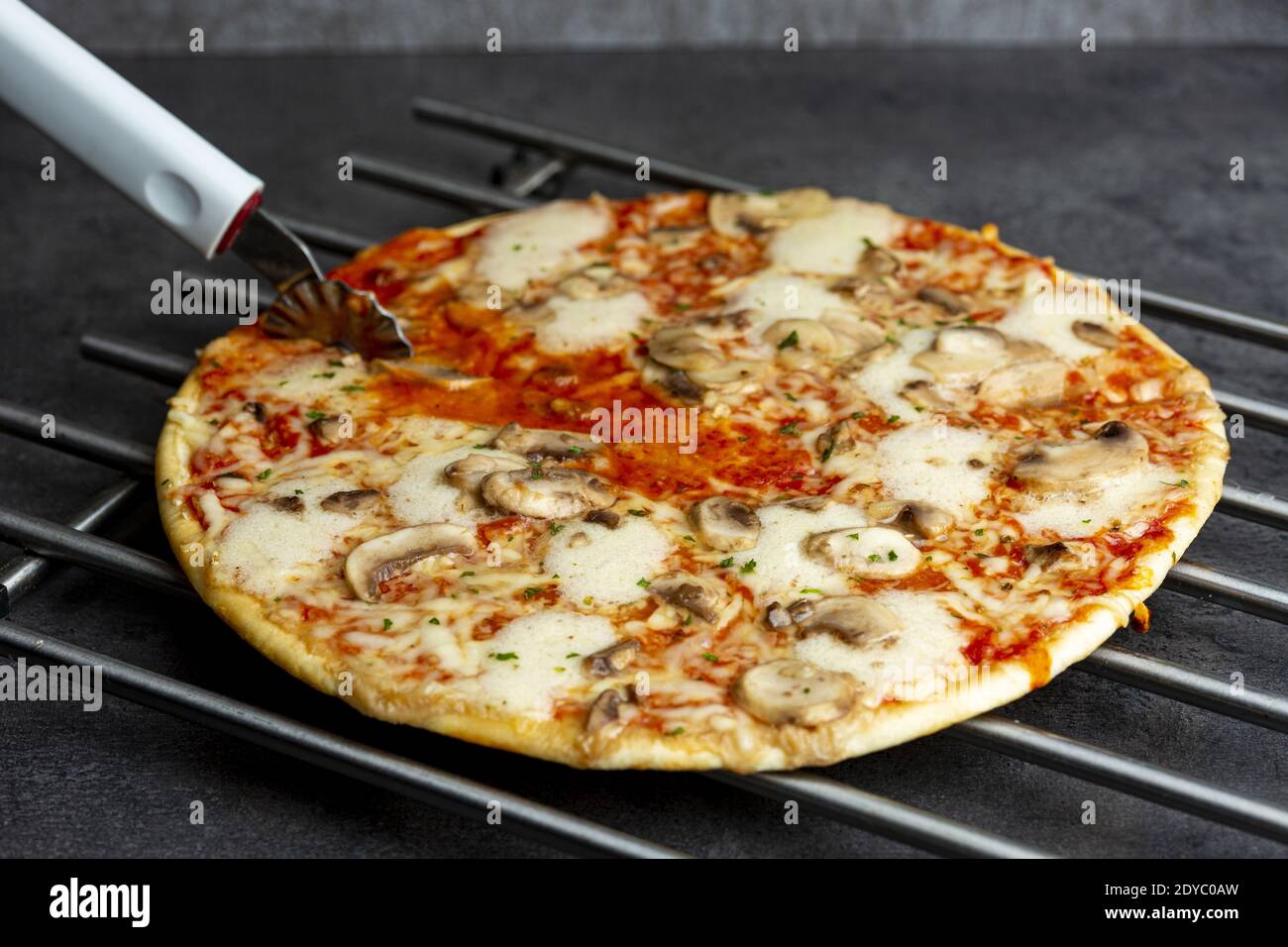 Pizza colorata a funghi su griglia da forno con cresta croccante e tinta arancio giallo dorato e parte di un taglialine per pizza che affetta il cibo. Studio ancora vita Foto Stock