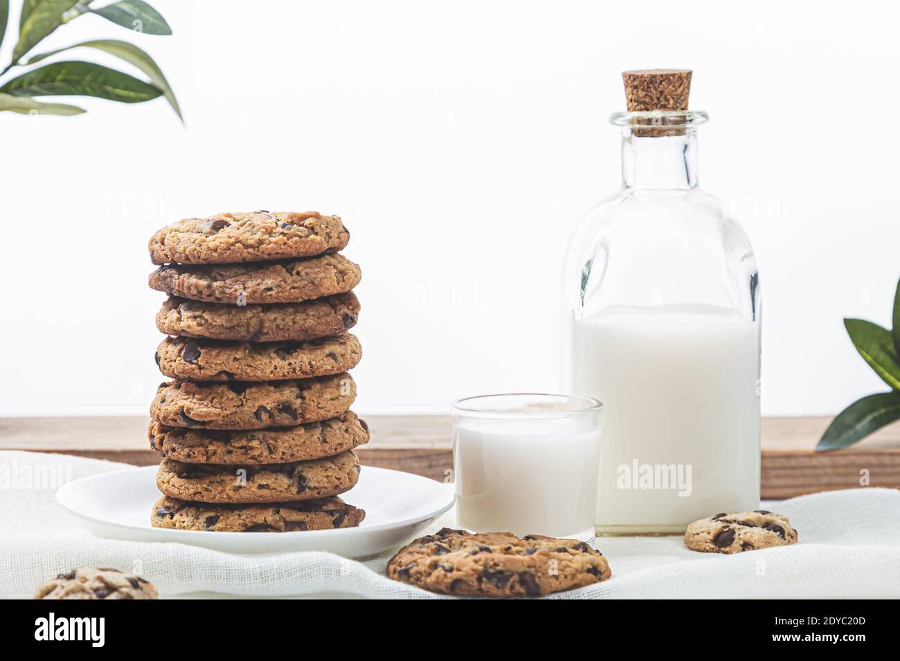 Biscotti al cioccolato e latte su sfondo bianco di legno. Concetto di cibo dolce. Foto Stock