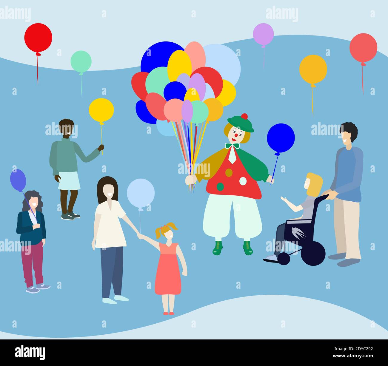 Atti casuali di giorno di gentilezza. Clown dando palloncini ai bambini. Illustrazione vettoriale. Illustrazione Vettoriale