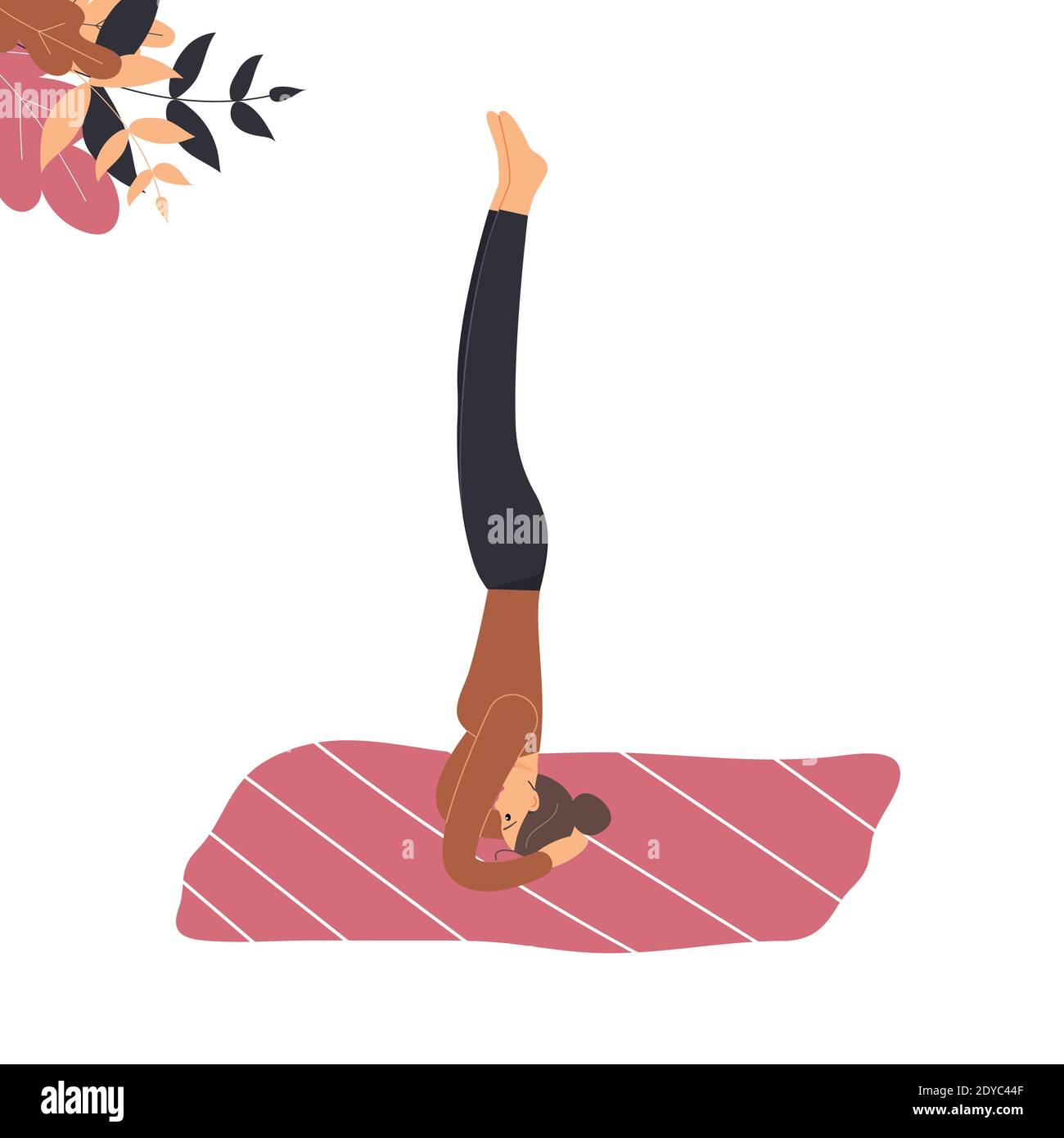 Carina donna fa yoga sul tappetino. Giovane donna in posizione yoga Headstand o Shirshasana, pratica di consapevolezza, disciplina spirituale a home.Healthy lifestyle Illustrazione Vettoriale