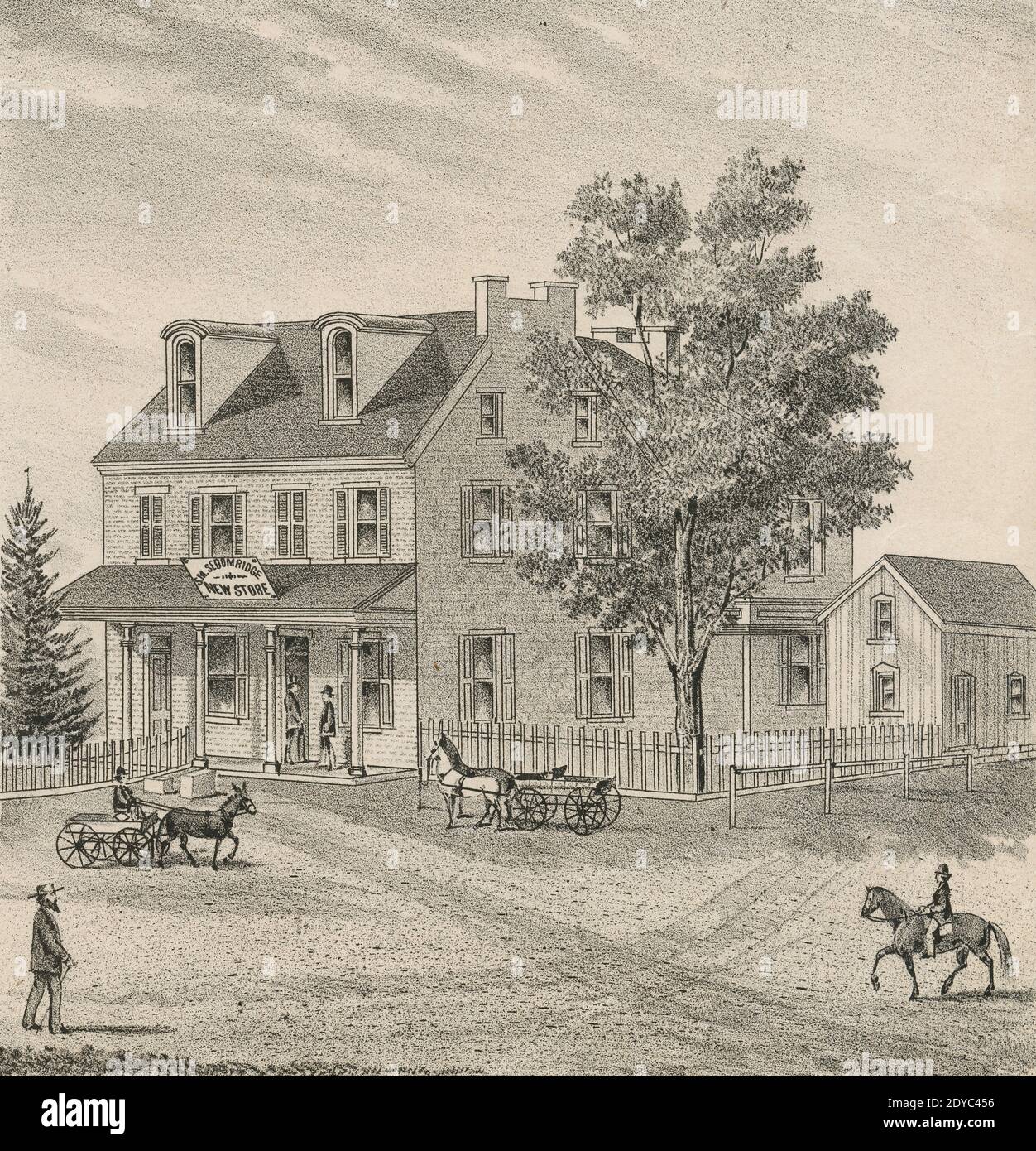 Antica incisione 1875, Negozio di S.M. Seldomridge, Farmersville, West Earl Township, Lancaster County, Pennsylvania. FONTE: INCISIONE ORIGINALE Foto Stock