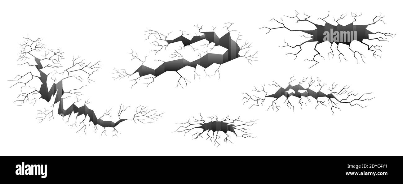 Set di terra o pareti effetto crepa, terra crepa. Illustrazione vettoriale isolata monocromatica.Foro nero a terra. Terremoto, distruzione concetto. Illustrazione Vettoriale