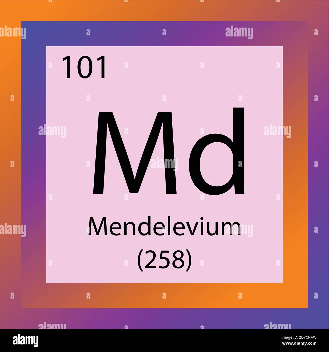 MD Mendelevium Tabella periodica degli elementi chimici. Illustrazione vettoriale a elemento singolo, icona dell'elemento attinico con massa molare e numero atomico. Illustrazione Vettoriale