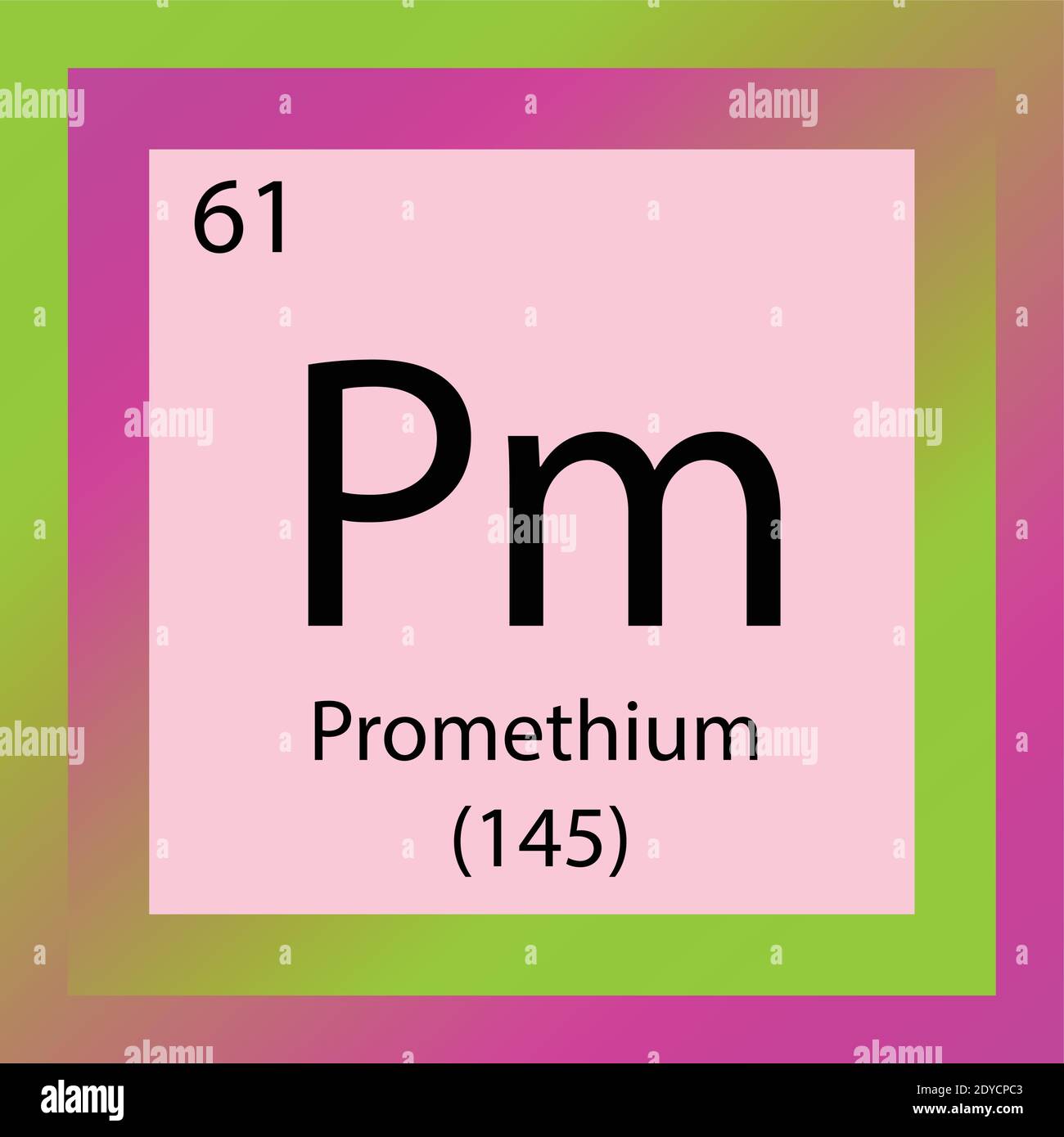 Tabella periodica degli elementi chimici del prometio PM. Illustrazione vettoriale a elemento singolo, icona dell'elemento lantanide con massa molare e numero atomico. Illustrazione Vettoriale