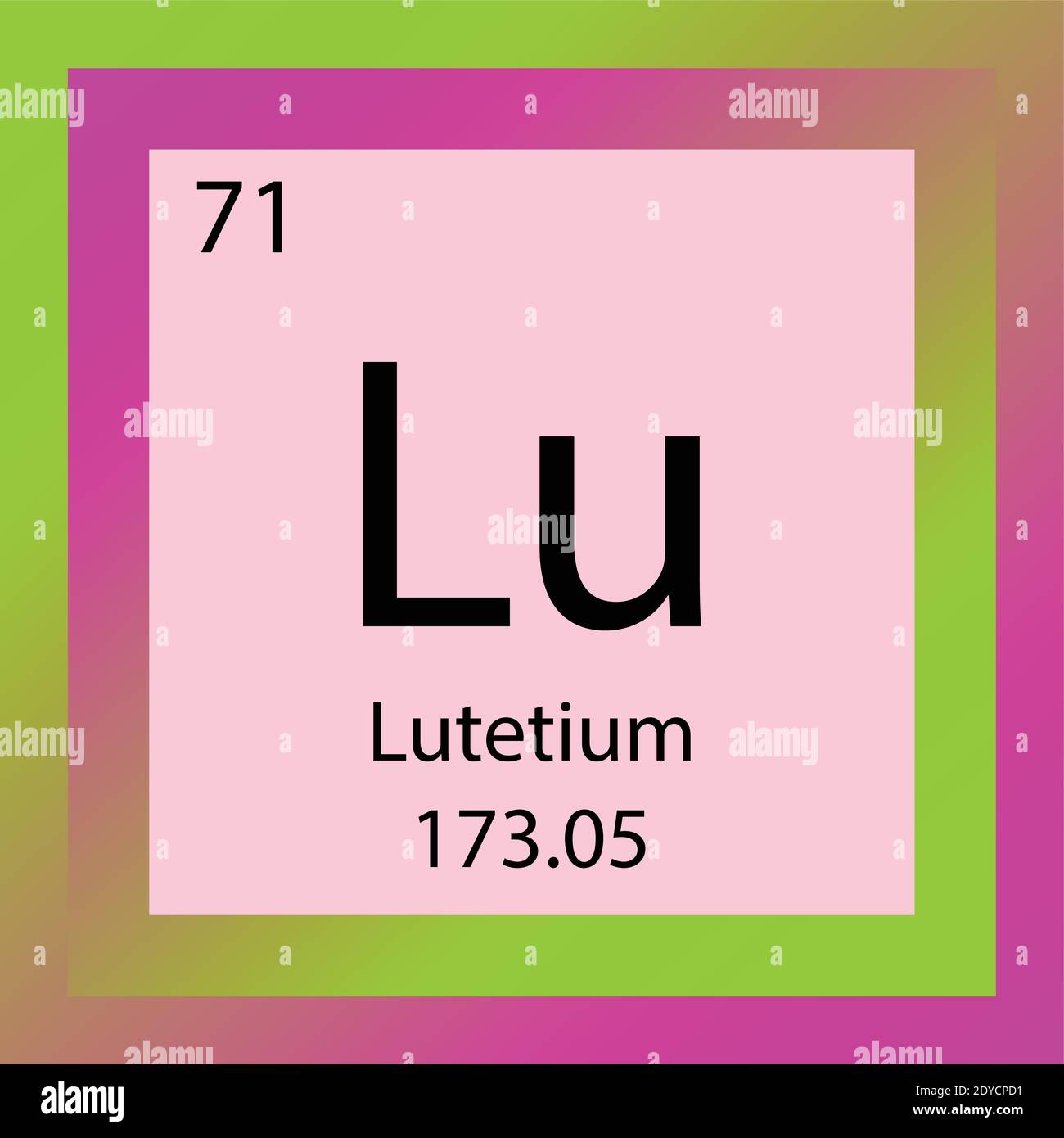 LU Lutezio Ytterbio Tabella periodica degli elementi chimici. Illustrazione vettoriale a elemento singolo, icona dell'elemento lantanide con massa molare e numero atomico. Illustrazione Vettoriale