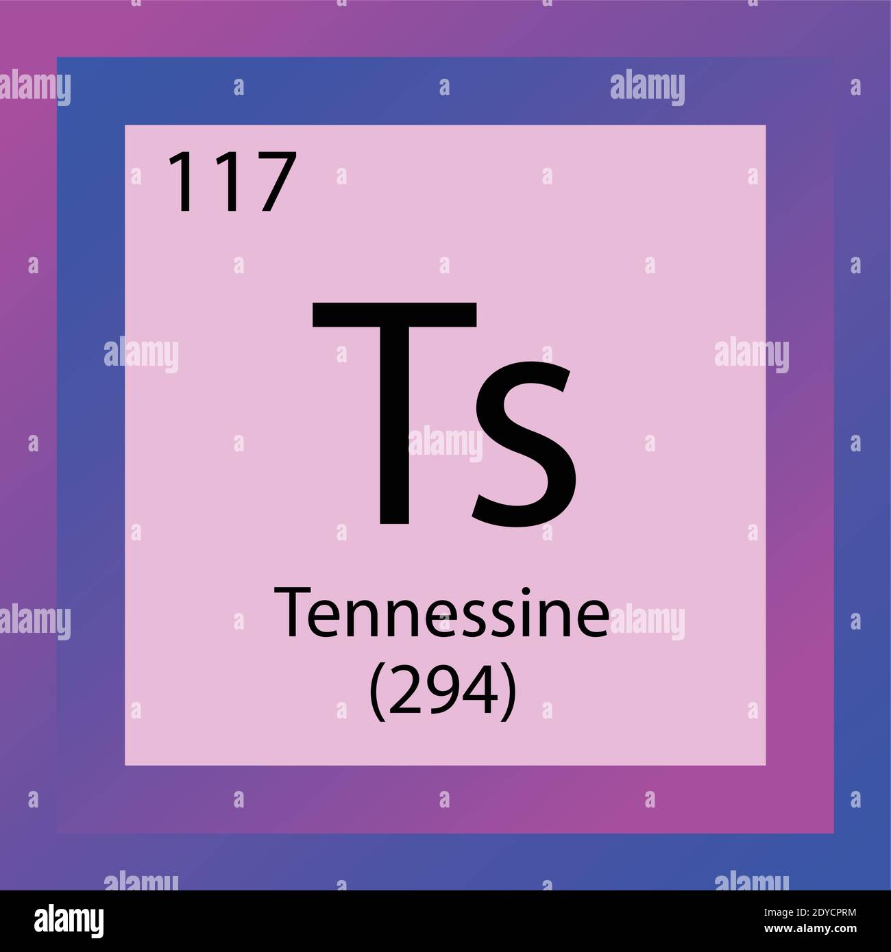 TS Tennessine Tabella periodica degli elementi chimici. Illustrazione vettoriale a elemento singolo, icona dell'elemento alogeni con massa molare e numero atomico. Illustrazione Vettoriale