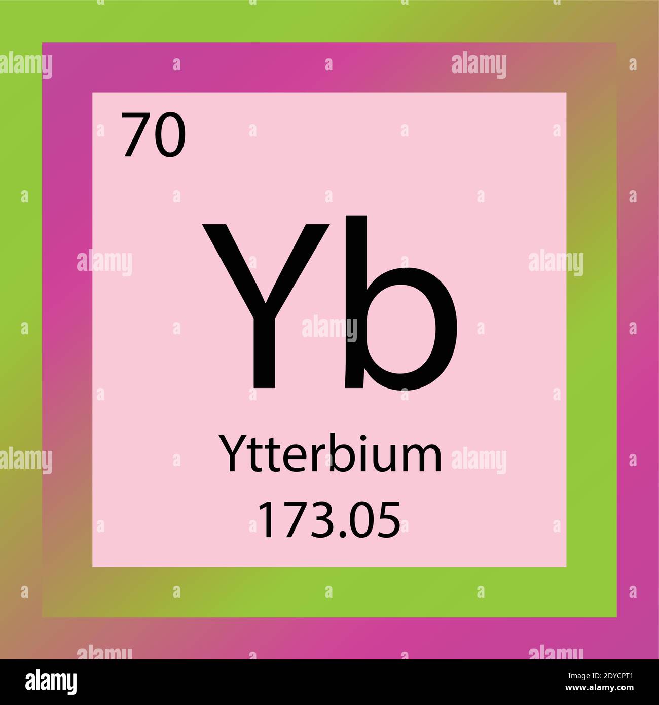 Yb Ytterbio Tabella periodica degli elementi chimici. Illustrazione vettoriale a elemento singolo, icona dell'elemento lantanide con massa molare e numero atomico. Illustrazione Vettoriale