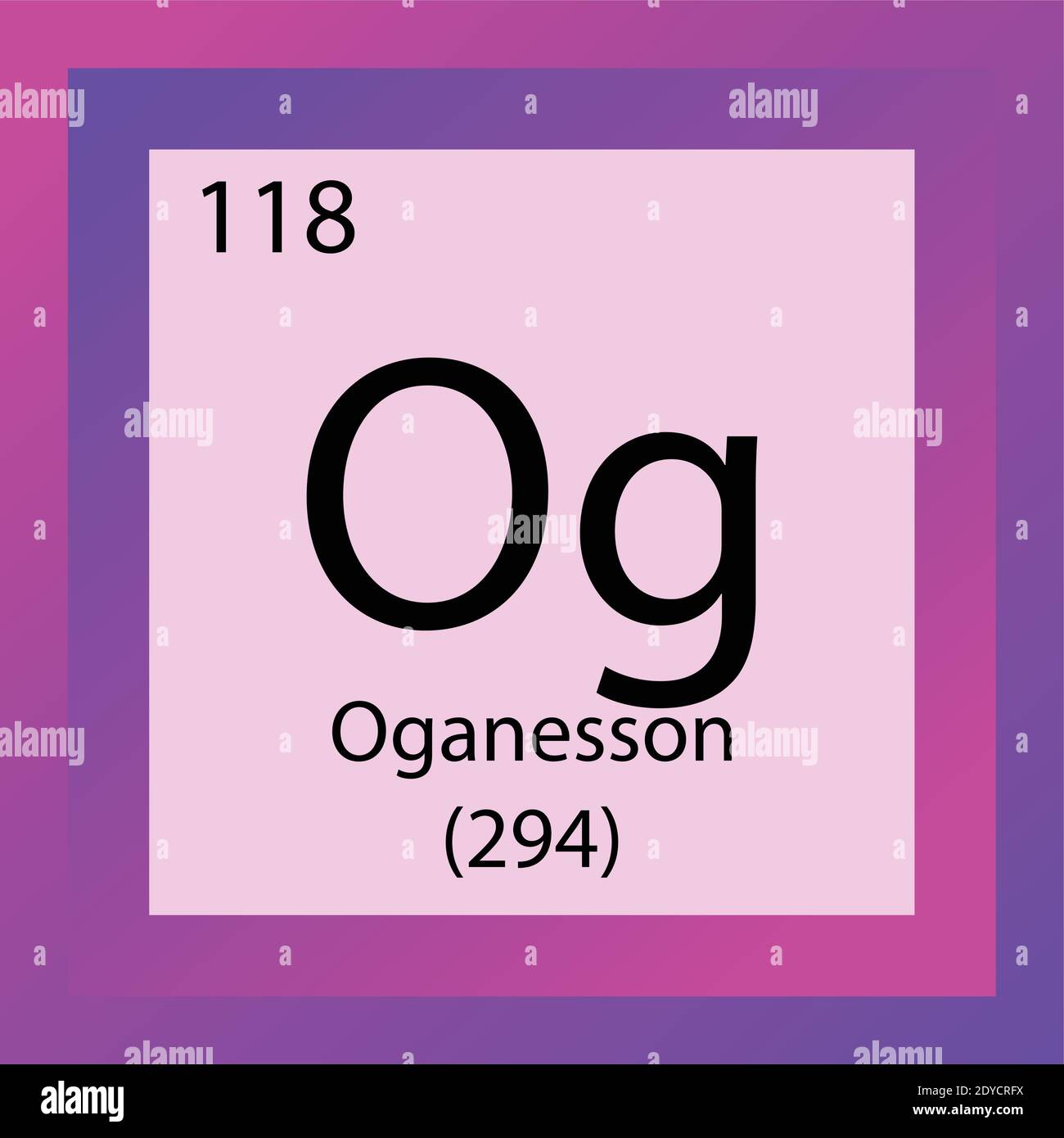 Og Oganesson Tabella periodica degli elementi chimici. Illustrazione vettoriale a elemento singolo, icona elemento con massa molare e numero atomico. Illustrazione Vettoriale