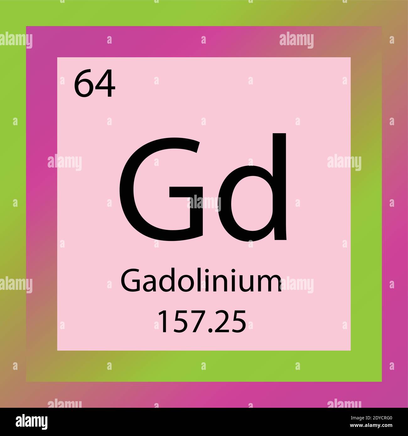 GD gadolinio elemento chimico Tavola periodica. Illustrazione vettoriale a elemento singolo, icona dell'elemento lantanide con massa molare e numero atomico Illustrazione Vettoriale