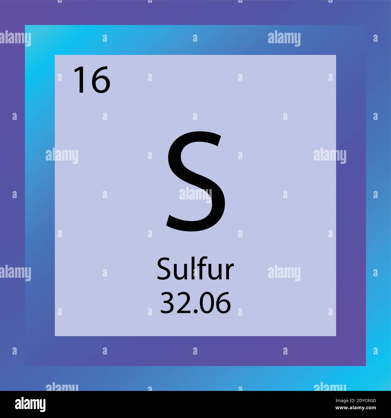 S Tabella periodica degli elementi chimici di zolfo. Illustrazione vettoriale a elemento singolo, icona elemento non metallico con massa molare e numero atomico Illustrazione Vettoriale