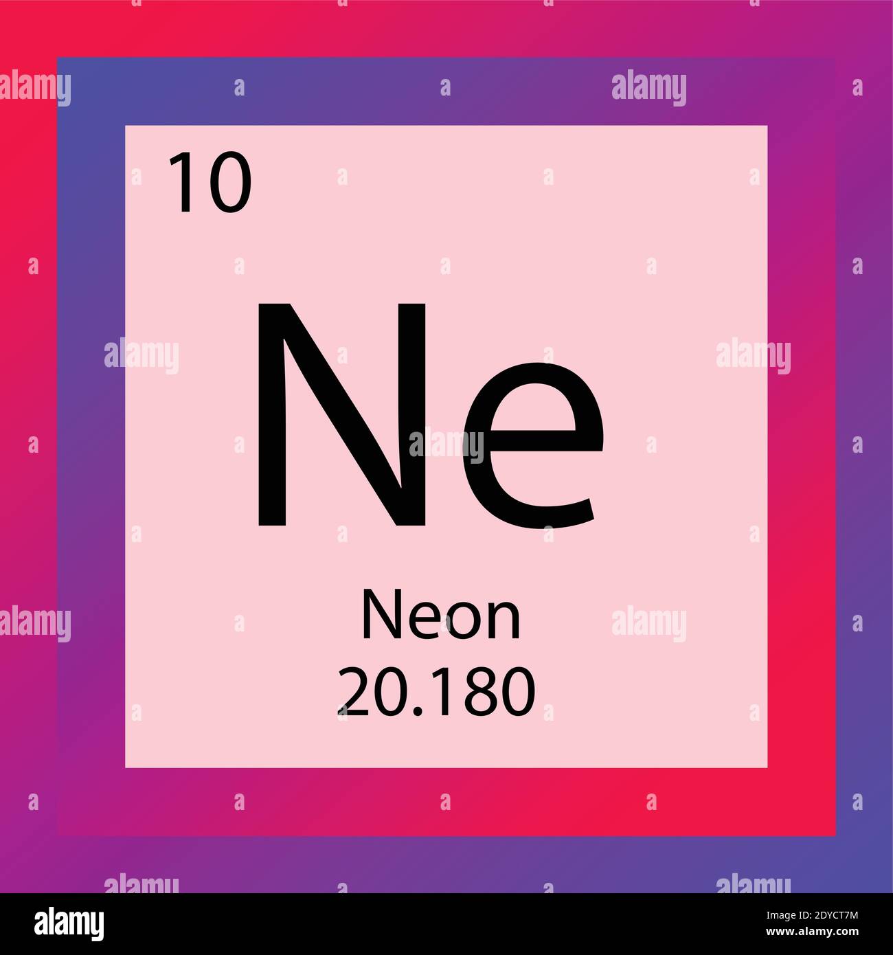 Tabella periodica elementi chimici Neon NE. Illustrazione vettoriale a elemento singolo, icona dell'elemento gas Noble con massa molare e numero atomico. Illustrazione Vettoriale
