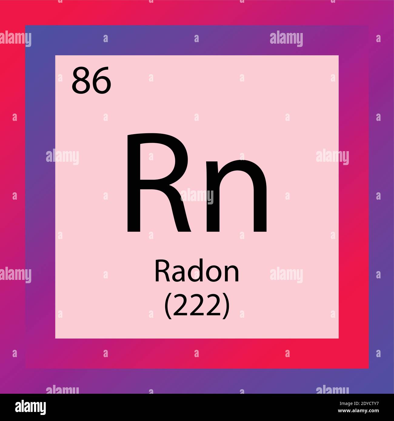 Tabella periodica degli elementi chimici RN Radon. Illustrazione vettoriale a elemento singolo, icona dell'elemento gas Noble con massa molare e numero atomico. Illustrazione Vettoriale
