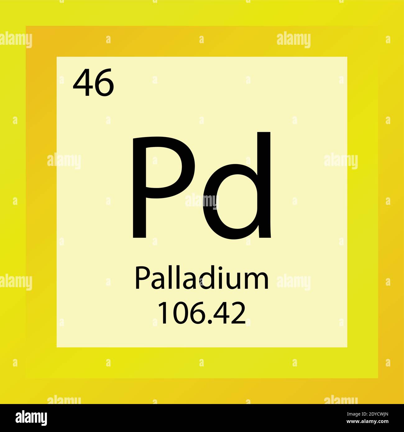 Tabella periodica degli elementi chimici del paladio PD. Illustrazione vettoriale a elemento singolo, icona dell'elemento dei metalli di transizione con massa molare e numero atomico. Illustrazione Vettoriale