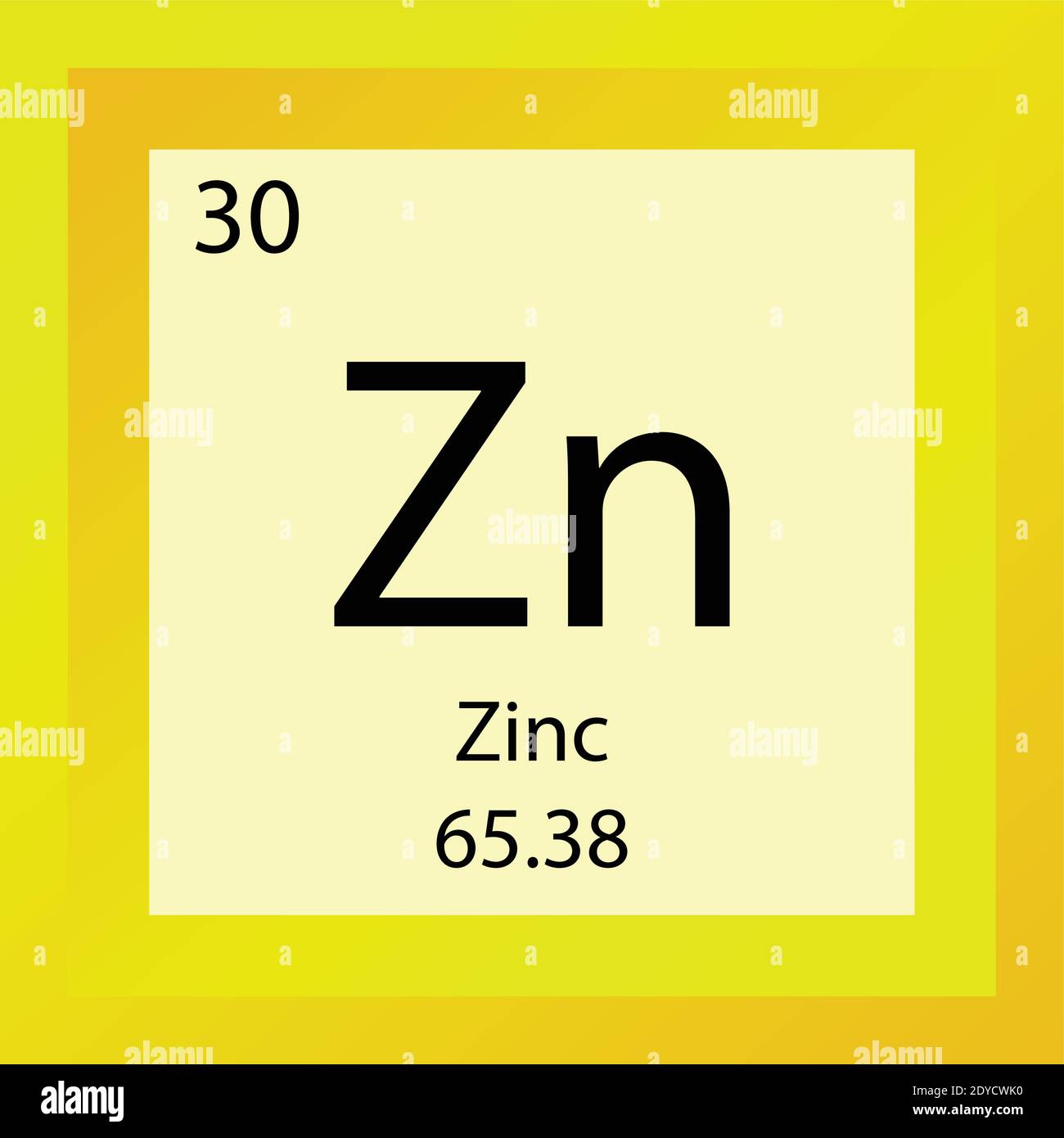 Zn zinco elemento chimico Tavola periodica. Illustrazione vettoriale a elemento singolo, icona dell'elemento dei metalli di transizione con massa molare e numero atomico. Illustrazione Vettoriale