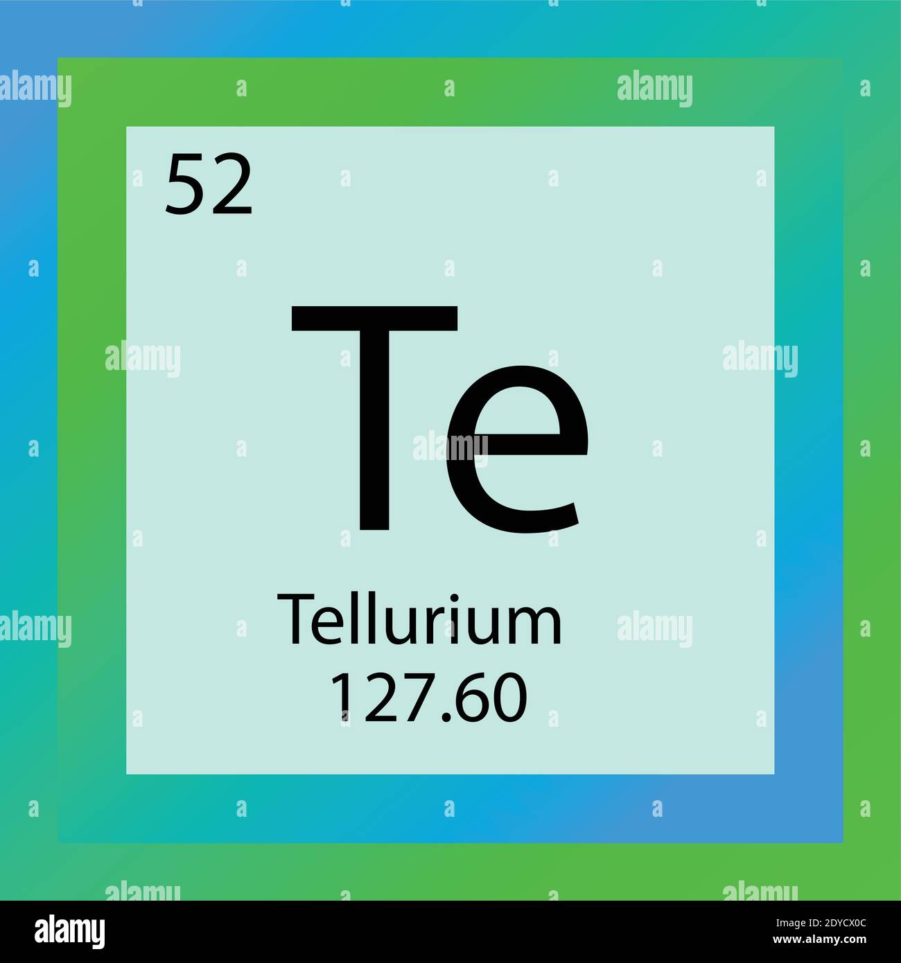 Tabella periodica degli elementi chimici del tellurio TE. Illustrazione vettoriale a elemento singolo, icona elemento semi-metallico con massa molare e numero atomico Illustrazione Vettoriale