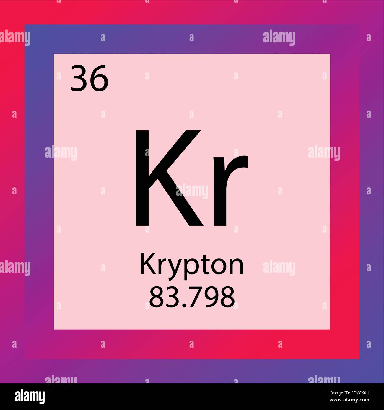 KR Krypton Tavola periodica degli elementi chimici. Illustrazione vettoriale a elemento singolo, icona dell'elemento gas Noble con massa molare e numero atomico. Illustrazione Vettoriale