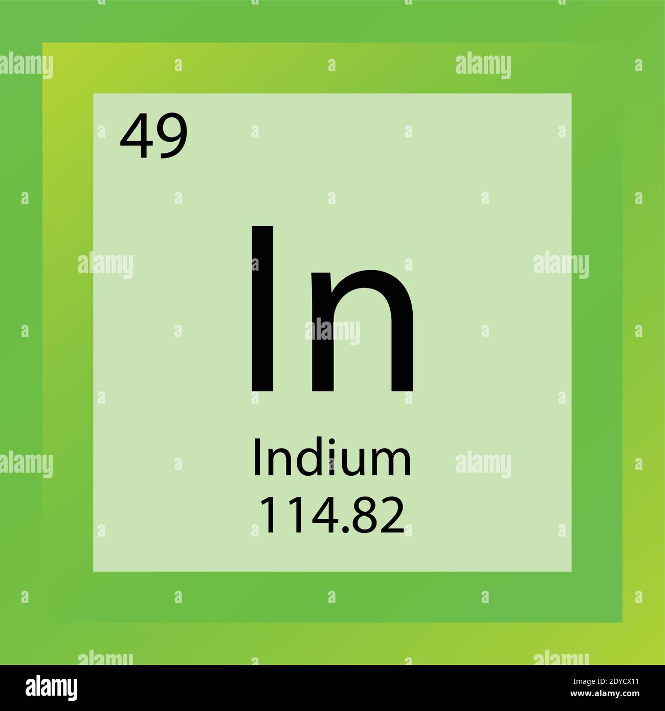 Nella Tabella periodica degli elementi chimici indio. Illustrazione vettoriale a elemento singolo, icona dell'elemento metalli di post-transizione con massa molare e numero atomico Illustrazione Vettoriale