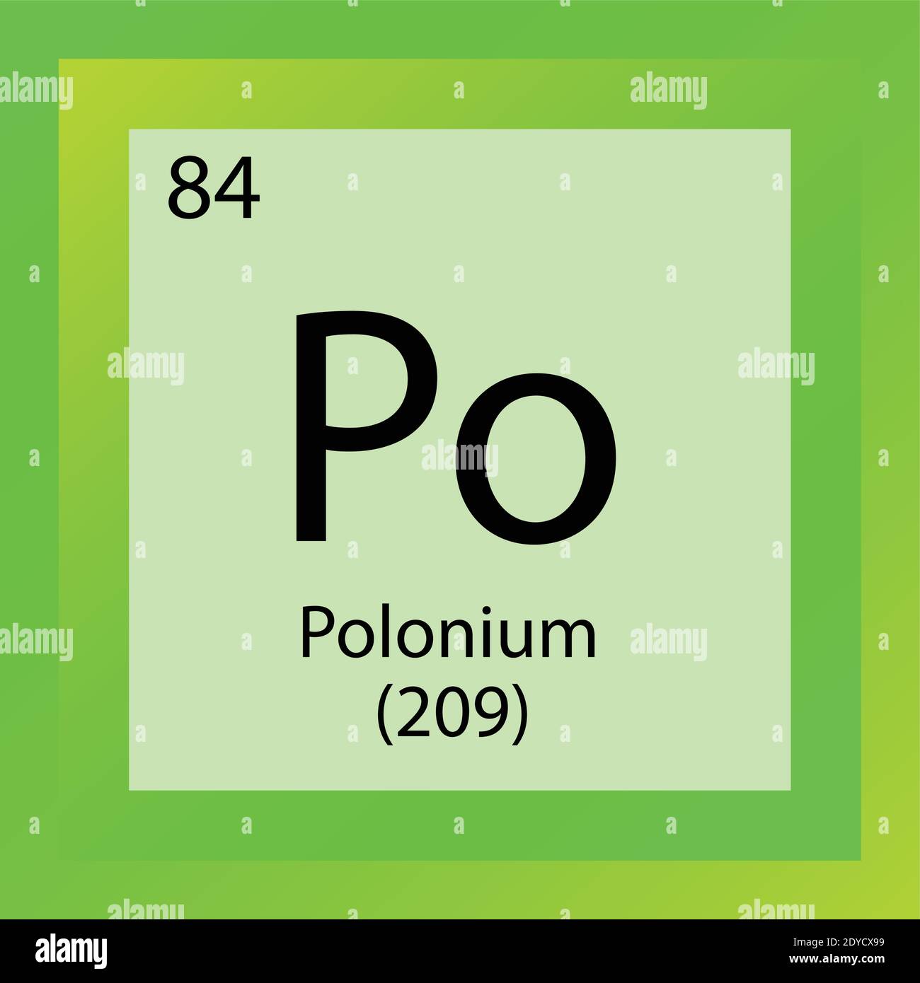 Po Polonio elemento chimico Tavola periodica. Illustrazione vettoriale a elemento singolo, icona dell'elemento metalli di post-transizione con massa molare e numero atomico Illustrazione Vettoriale