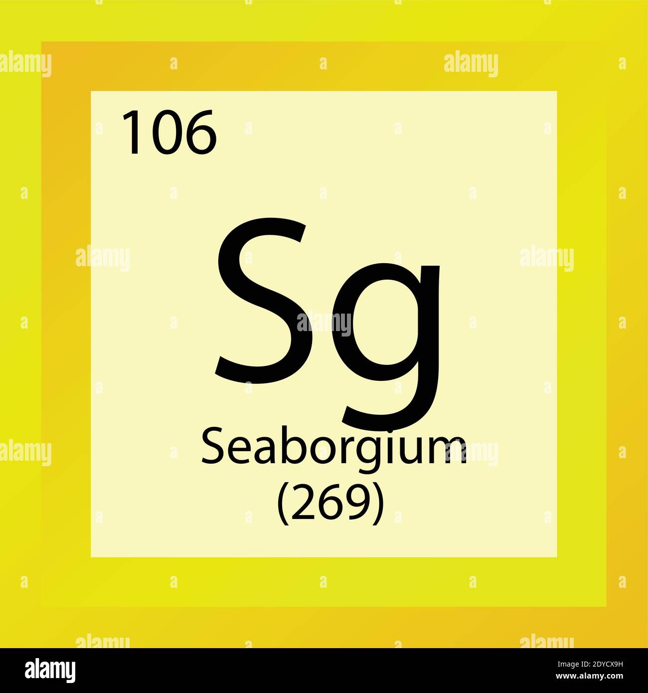 SG Seaborgium Tabella periodica degli elementi chimici. Illustrazione vettoriale a elemento singolo, icona dell'elemento dei metalli di transizione con massa molare e numero atomico. Illustrazione Vettoriale
