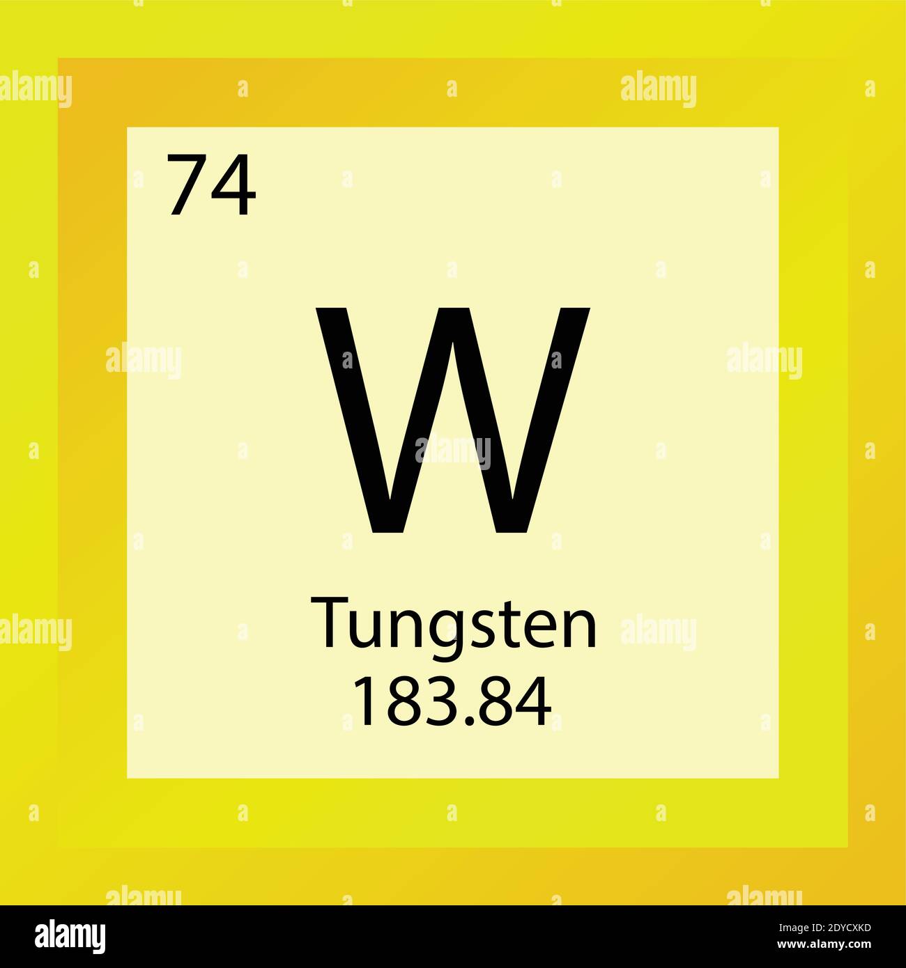 W Tabella periodica elementi chimici in tungsteno. Illustrazione vettoriale a elemento singolo, icona dell'elemento dei metalli di transizione con massa molare e numero atomico. Illustrazione Vettoriale