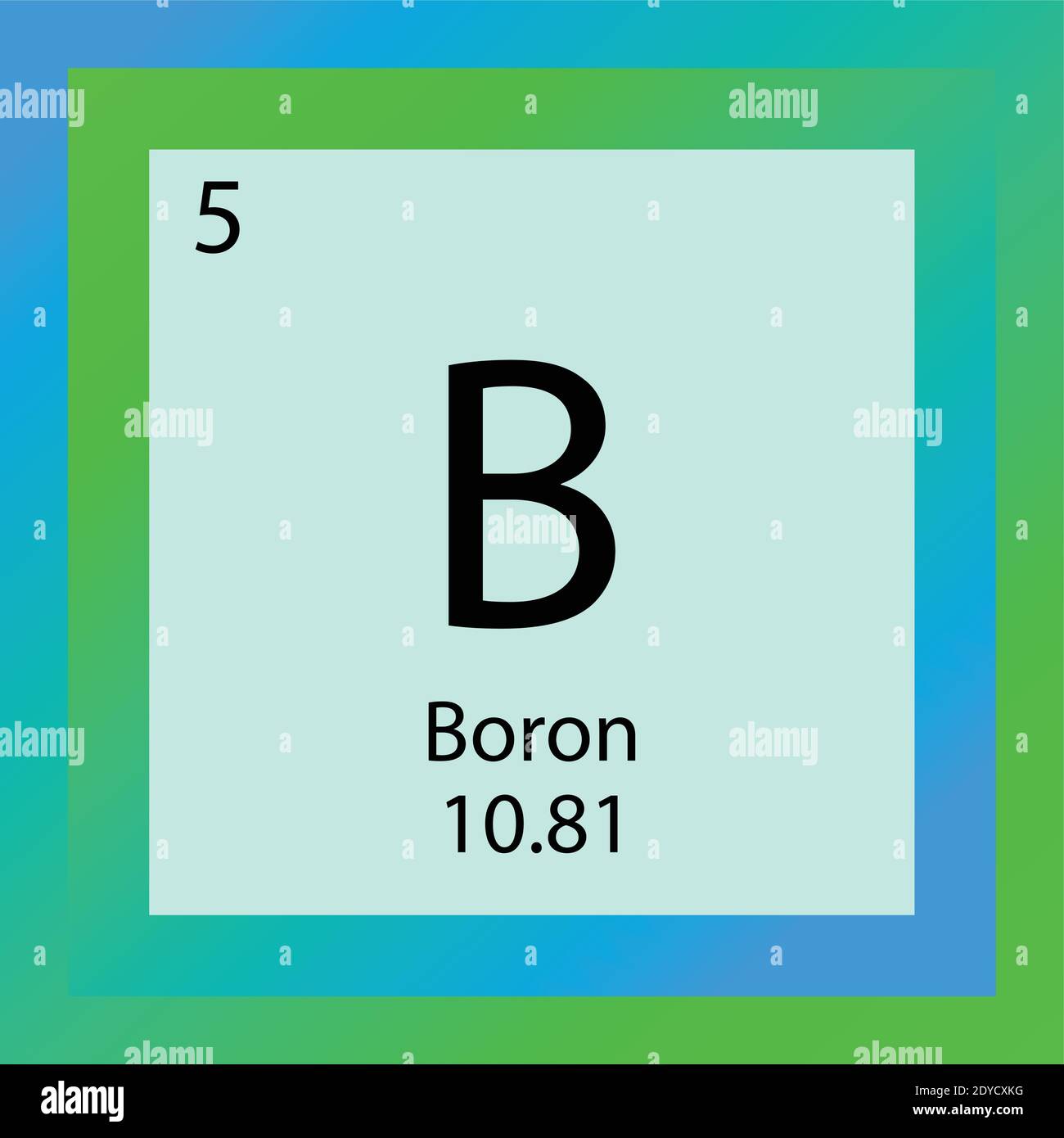 B Tavola periodica degli elementi chimici del boro. Illustrazione vettoriale a elemento singolo, icona elemento semi-metallico con massa molare e numero atomico Illustrazione Vettoriale