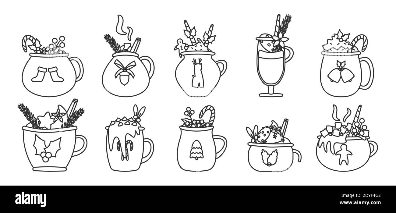 Set di contorni per la tazza di Natale. Cacao di vacanza con marshmallows, tazza di cioccolata calda o caffè invernale. Collezione Vintage New Year di diverse tazze modello con illustrazione vettoriale isolata di canna da zucchero caramella Illustrazione Vettoriale