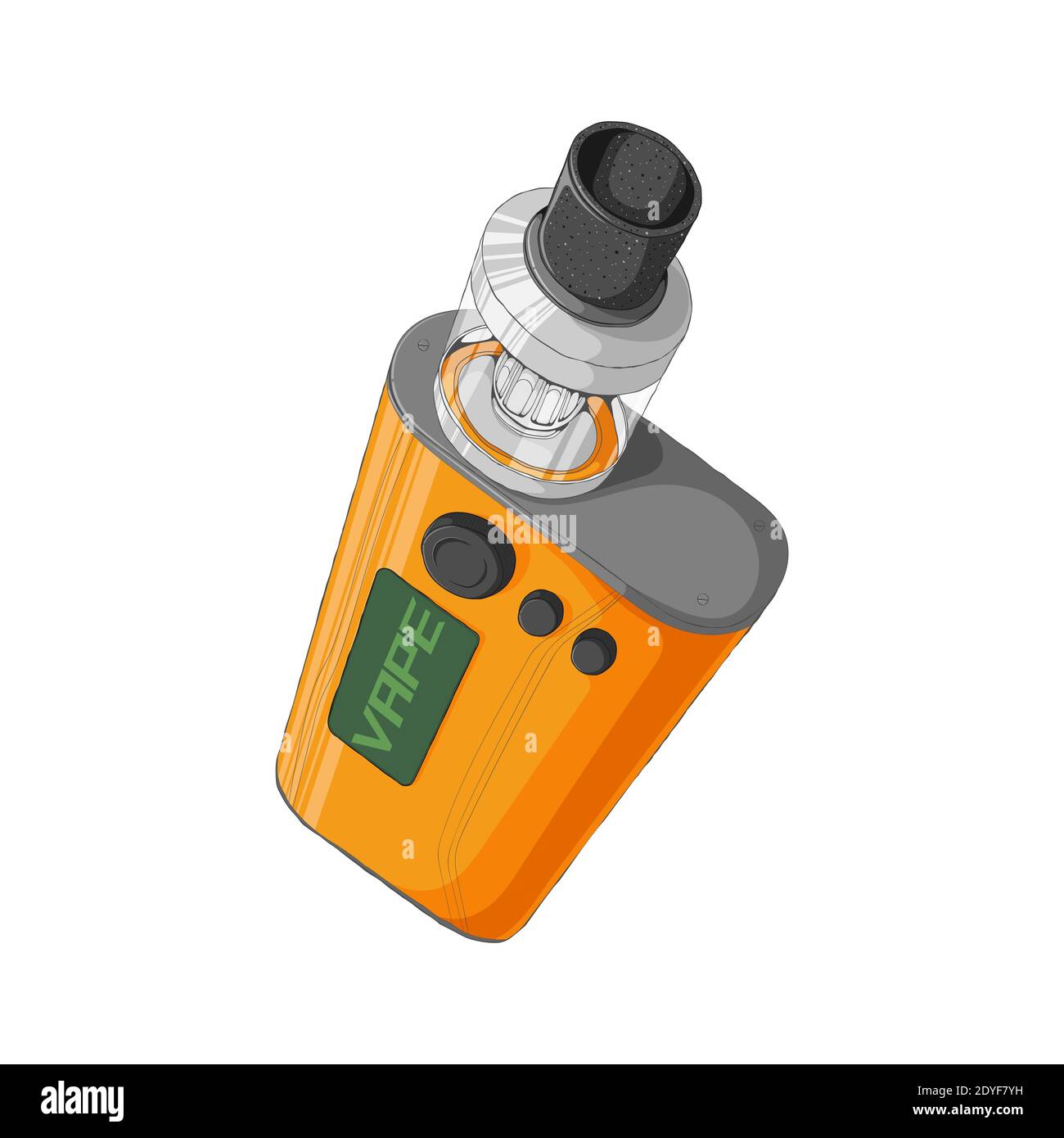 Kit Vape mod con atomizzatore a vasca di gocciolamento rigenerabile. Concetto di e-sigaretta. Illustrazione vettoriale colorata in stile cartoni animati. Isolato su sfondo bianco Illustrazione Vettoriale