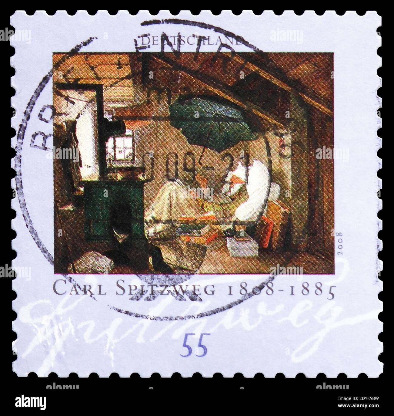 MOSCA, RUSSIA - 22 FEBBRAIO 2019: Un francobollo stampato nella Repubblica Federale tedesca mostra 'il Poor Poet'; dipinto di Carl Spitzweg (1808-1885), 200th bir Foto Stock