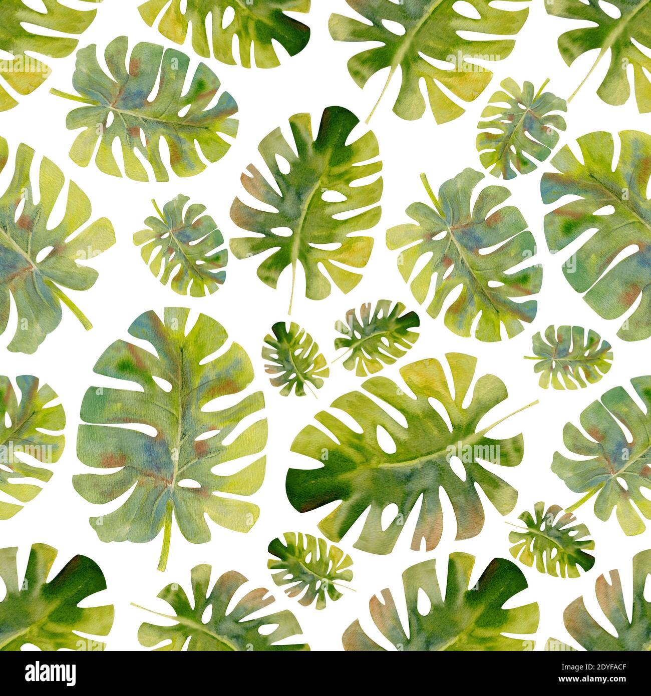 Foglie tropicali esotiche. Motivo senza cuciture su sfondo bianco isolato. Moda spiaggia arte stampa Wallpaper. Illustrazione acquerello Foto Stock