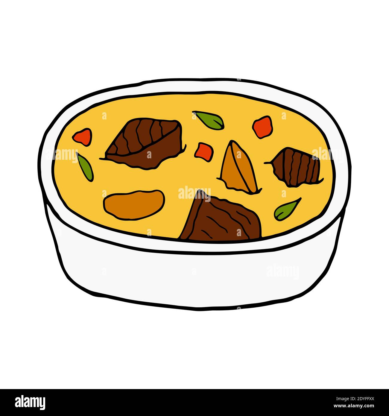 Vettore mano doodle trito curry. Piatto di cucina indiana. Progettare un elemento di schizzo per menu cafè, ristorante, etichetta e imballaggio. Illustrazione colorata su un Illustrazione Vettoriale