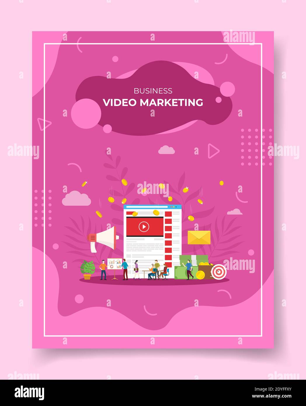 video marketing persone intorno speaker video play list portafoglio denaro obiettivo per modello di banner, volantino, copertina libri, riviste con forma liquida sty Foto Stock