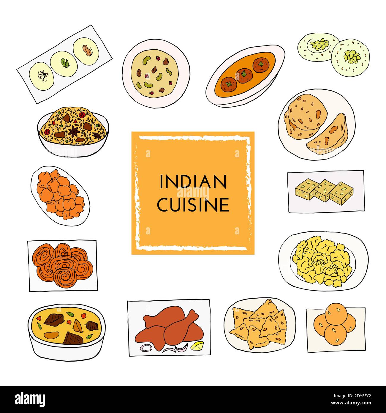 Vettore disegnato a mano di cucina indiana insieme con aloo gobi, biryani, curry, malai kofta, naan, navratan, pakora, rasmalai. Progettare l'elemento di schizzo per il menu Illustrazione Vettoriale