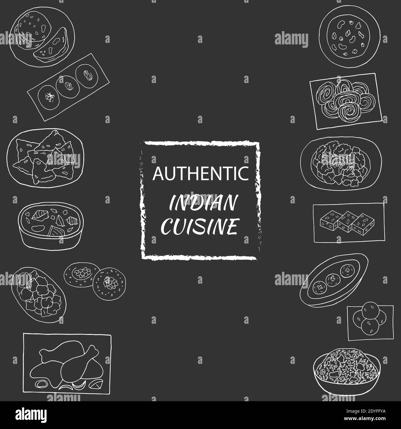 Vettore disegnato a mano di cucina indiana insieme con aloo gobi, biryani, curry, malai kofta, naan, navratan, pakora, rasmalai. Progettare l'elemento di schizzo per il menu Illustrazione Vettoriale