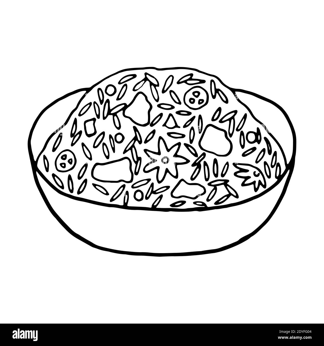 Vettore mano doodle biryani disegnati a mano. Piatto di cucina indiana. Progettare un elemento di schizzo per menu cafè, ristorante, etichetta e imballaggio. Illustrazione su una b bianca Illustrazione Vettoriale