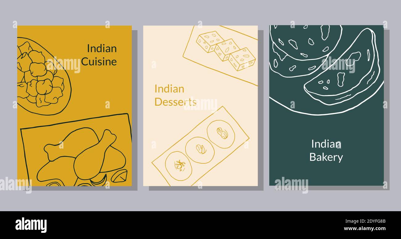 Set di poster disegnati a mano con pakora, tandoori di pollo, sesamo barfi, sandesh, naan. Design sketch elemento per menu cafè, bistrot, ristorante, panetteria e. Illustrazione Vettoriale